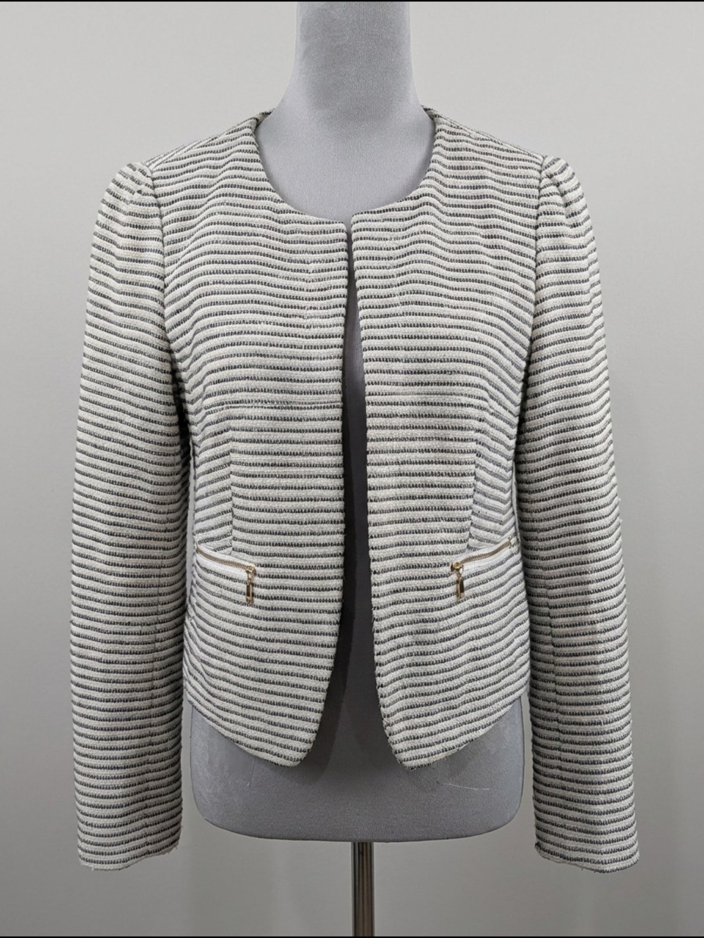 LOFT Striped Open-Front Blazer in White and Black